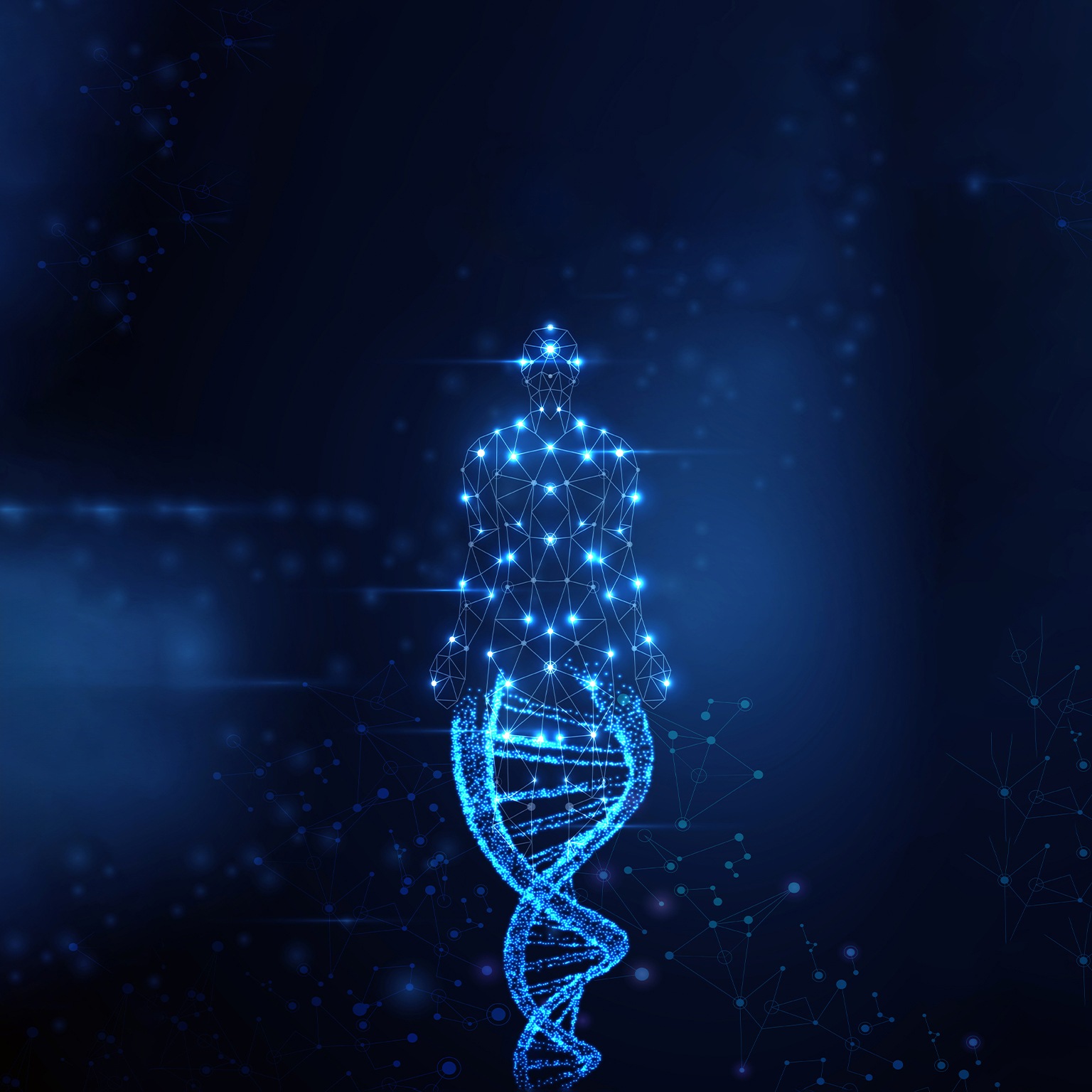 Blue DNA chain with luminous glowing particles around it
