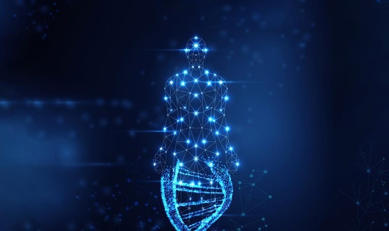 Blue DNA chain with luminous glowing particles around it