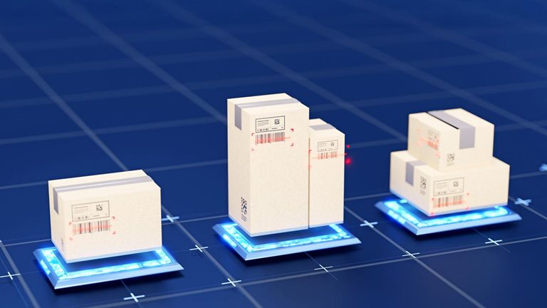 Three batches of cardboard shipping boxes placed on glowing blue platforms arranged across a grid-like digital surface. Red scanning indicators highlight barcodes on the boxes, suggesting an automated technology-driven logistics system.