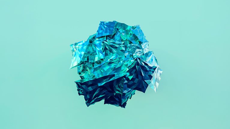 A floating abstract geometric crystal structure with jagged edges and blue green hues