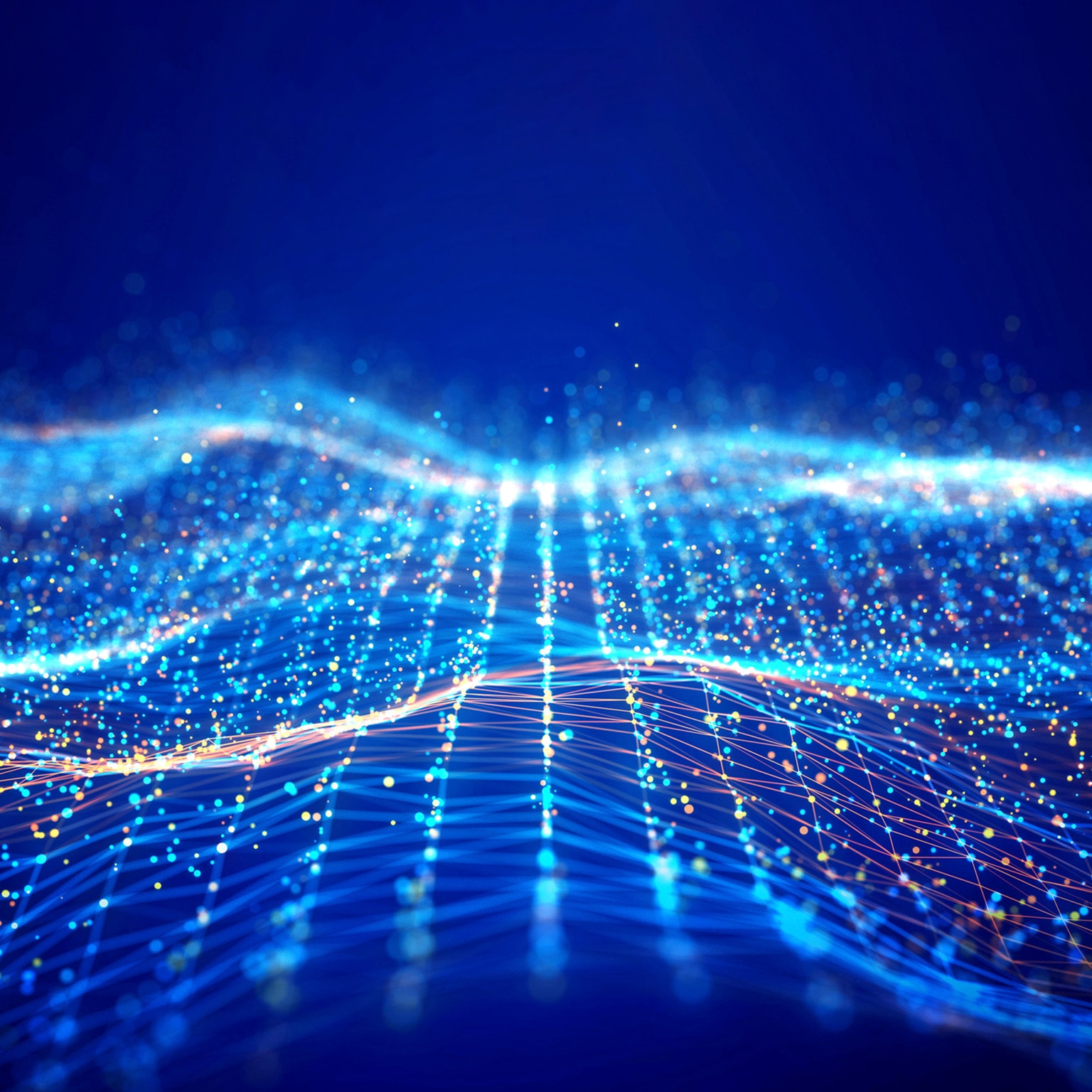 Digital image of different colored light points on crests and troughs in a three-dimensional view