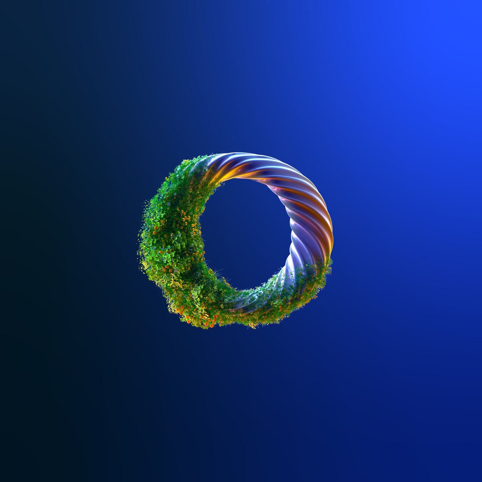 Digital generated image of abstract torus with growing plants on it against pink background.