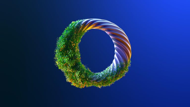Digital generated image of abstract torus with growing plants on it against pink background.