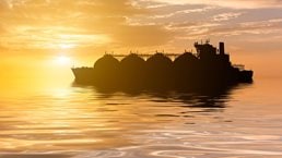 LNG carrier in the sea at sunset. World Oil and Gas Industry - stock photo