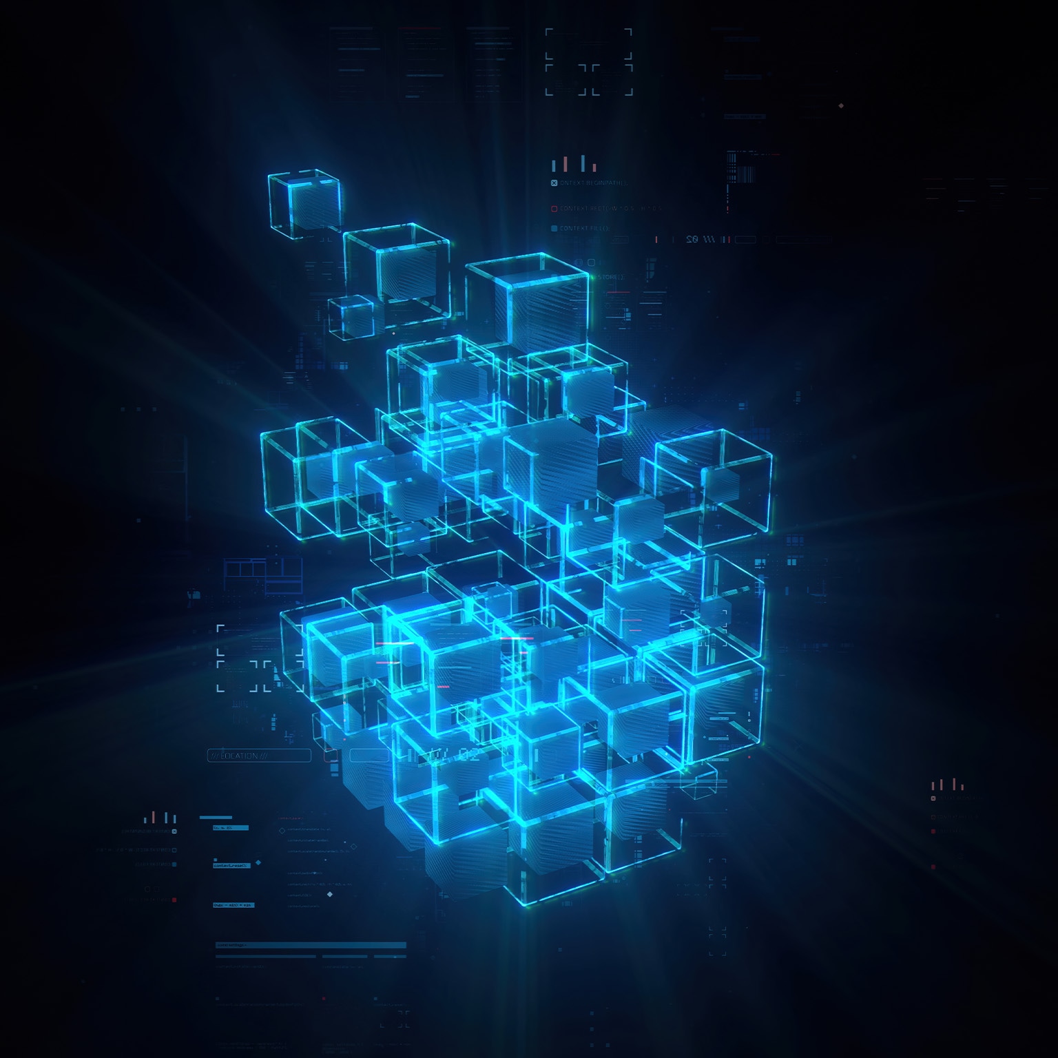 Futuristic glowing cubes formation in world of technological progress and innovation. CGI 3D render