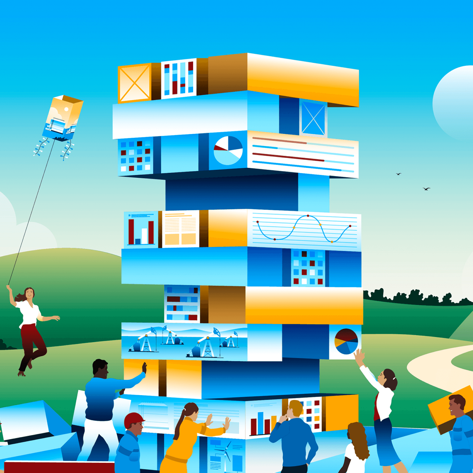 People using blocks representing data and energy to build a house and fly kites. - illustration