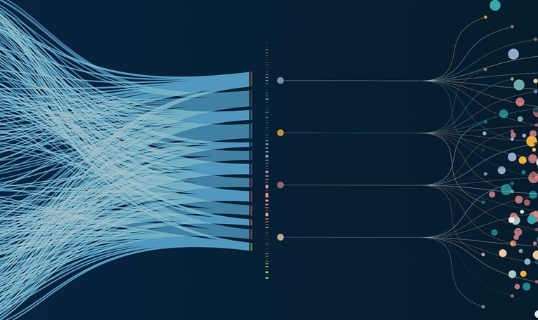 This image is a data visualization showcasing data integration and analysis. It illustrates complex data streams being consolidated and processed.