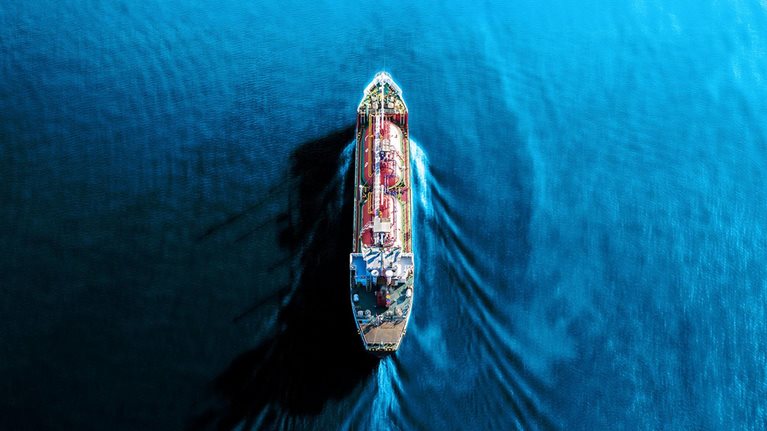 Aerial view Ship Tanker Liquefied Petroleum Gas on the sea.