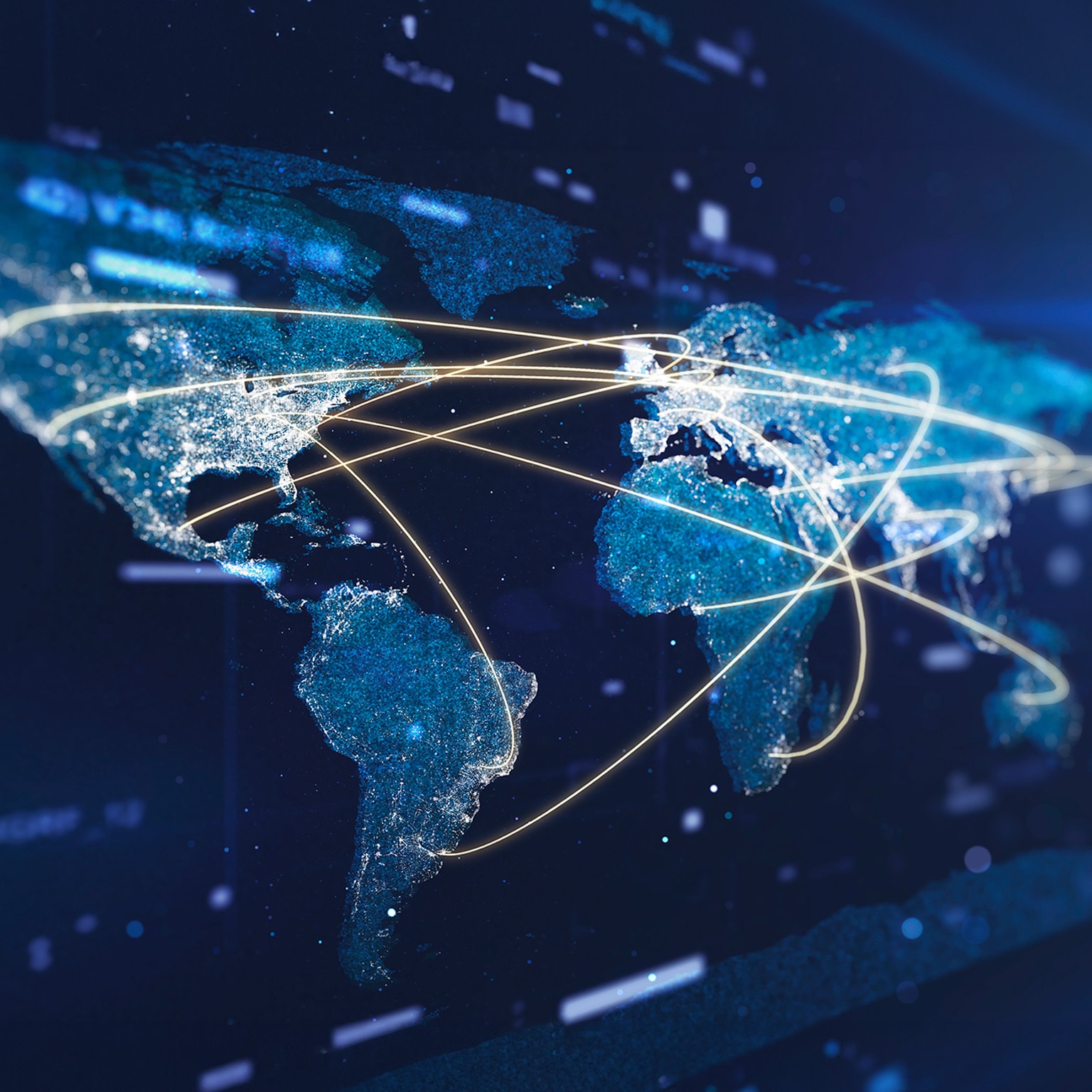 Global communication network on a glowing particle world map. - stock photo