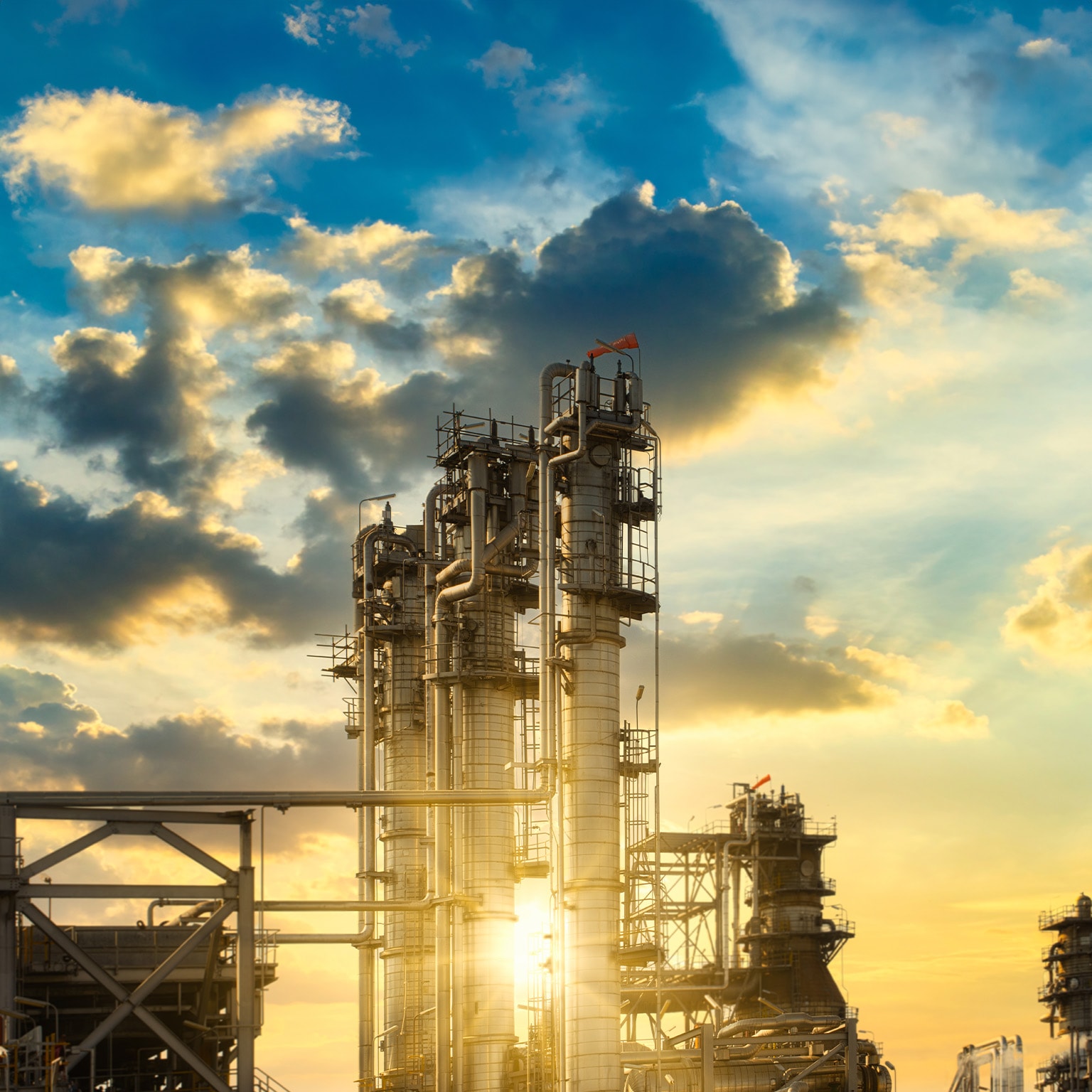 Oil refinery concept shows beautiful scenery of the oil refinery or petrochemical plant under the sunlight in the sunset time for creating the petrochemical industry background. - stock photo
