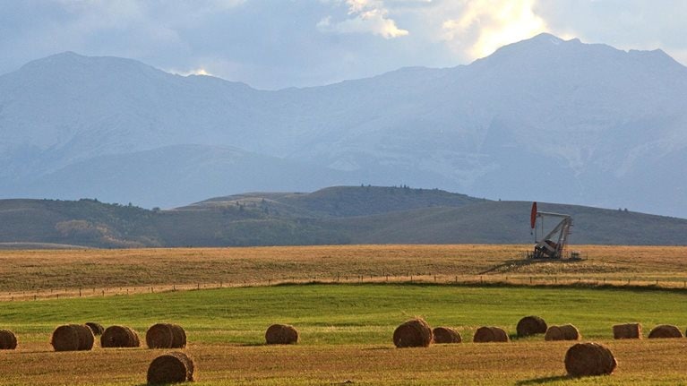Oil Pumpjack in Fall in Southern Alberta Canada - stock photo