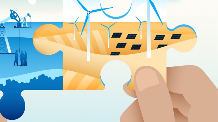 Hands holding two puzzle pieces, putting oil and wind energy together. - illustration