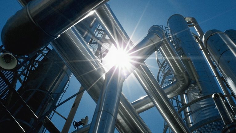 Upward facing shot of oil refinery