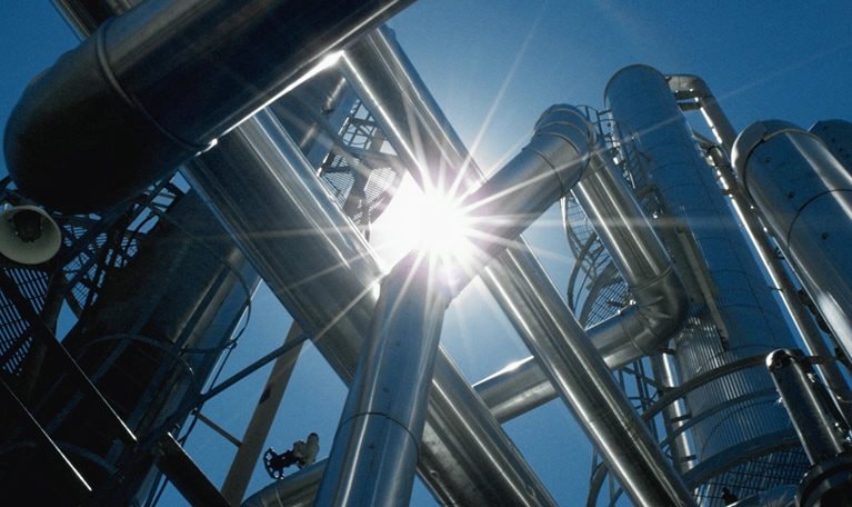 Upward facing shot of oil refinery