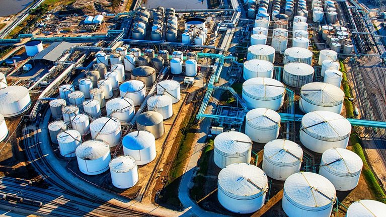 Aerial View of a Texas Oil Refinery and Fuel Storage Tanks - stock photo