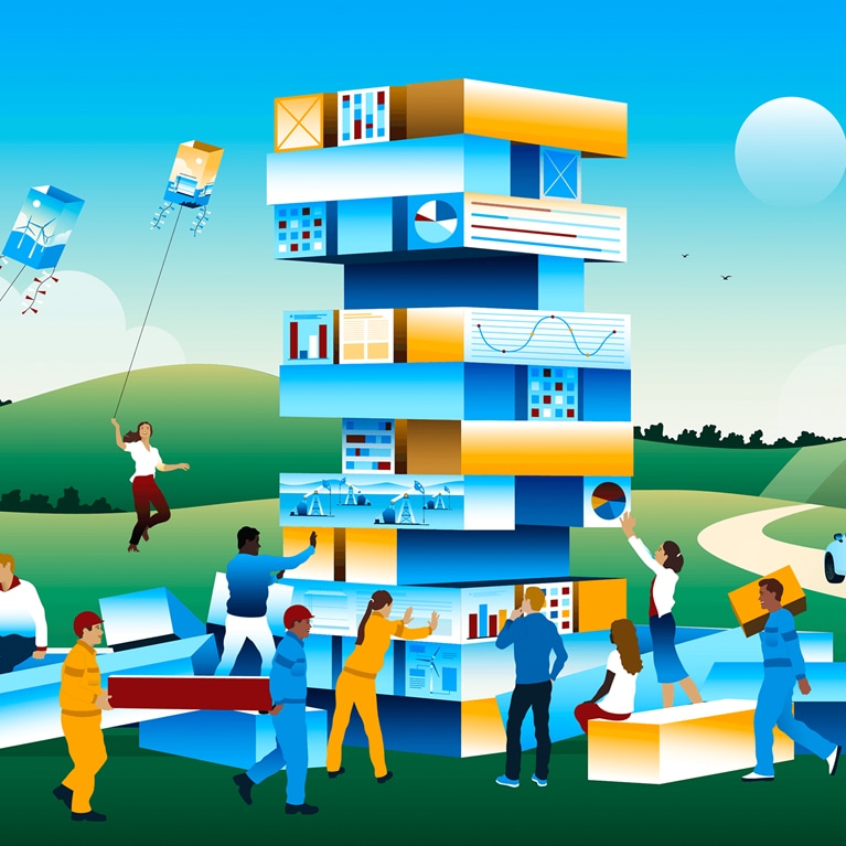People constructing building out of sustainable energy blocks. - illustration