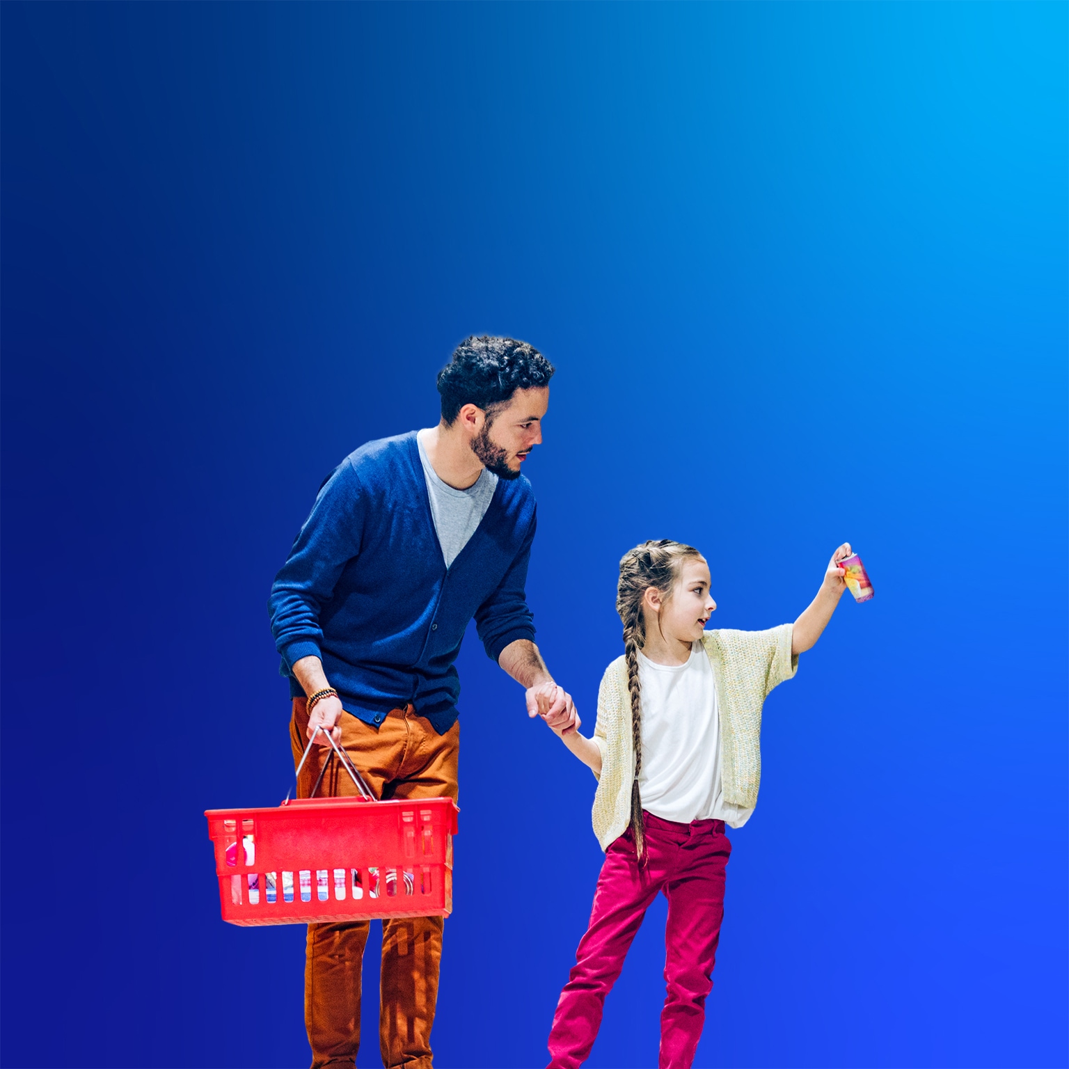 Father and daughter shopping in store. Girl is picking food product in supermarket. They are in casuals.