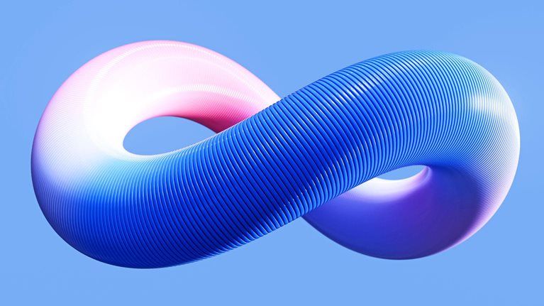 An interconnected three-dimensional horizontal object in the shape of eight in blue and pink shades against a light blue background
