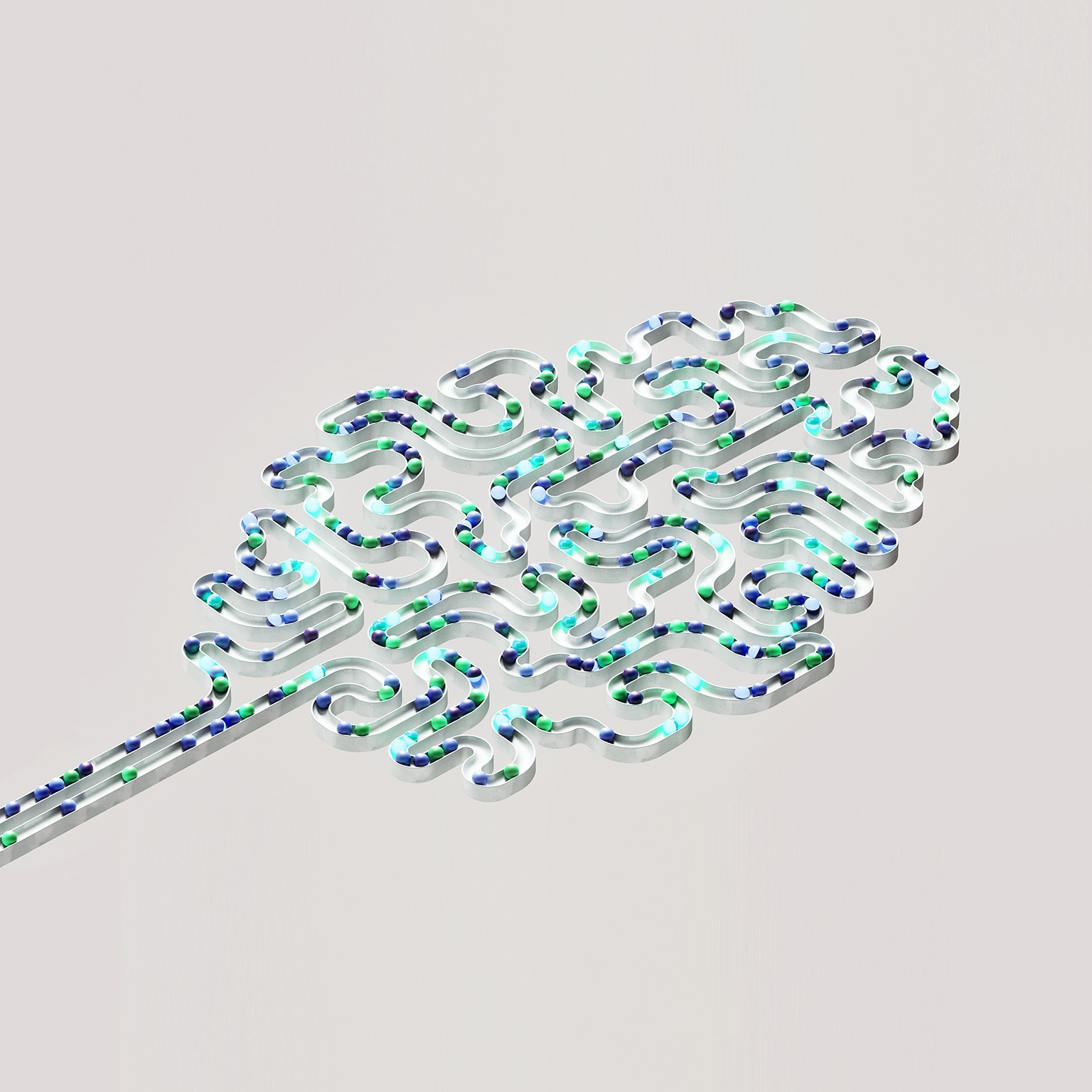 3D image of a brain-shaped labyrinth filled with spheres moving through winding channels.