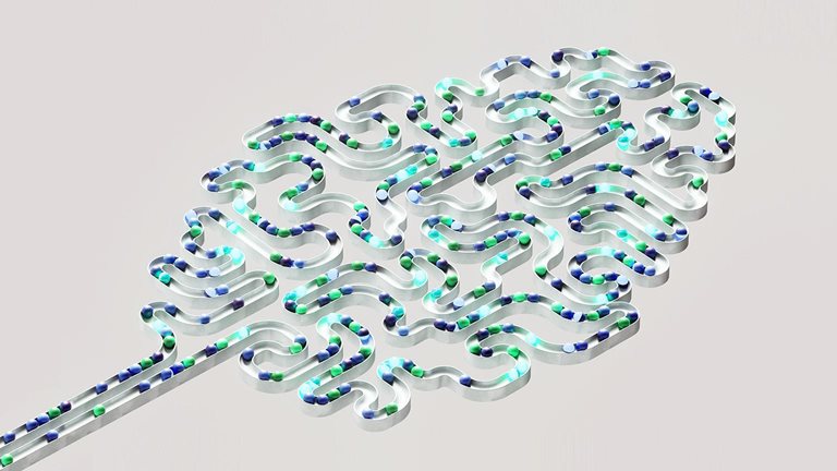 3D image of a brain-shaped labyrinth filled with spheres moving through winding channels.