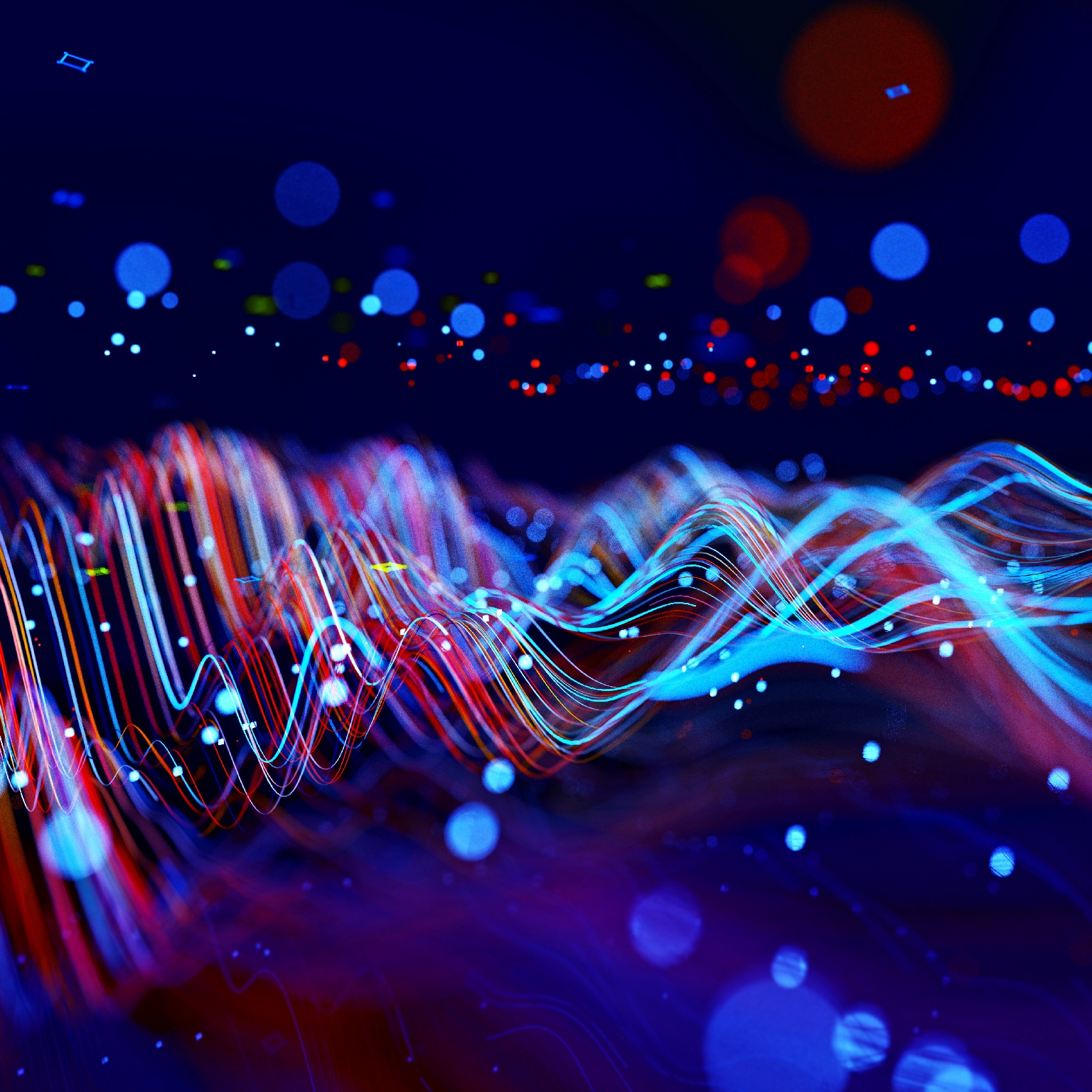Digital generated image of abstract flowing data made out of numbers and glowing blue and red splines moving away from camera on black background.