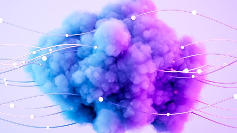 Futuristic blue and pink neo cloud intertwined with wires