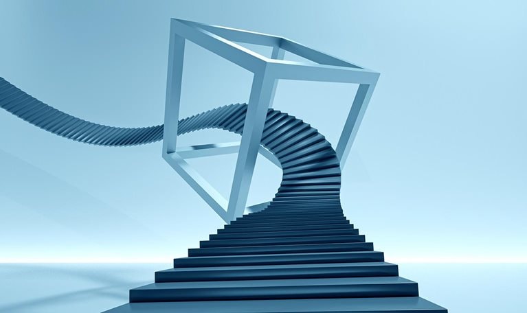 Abstract image of stairs twisting and spiraling through a cube