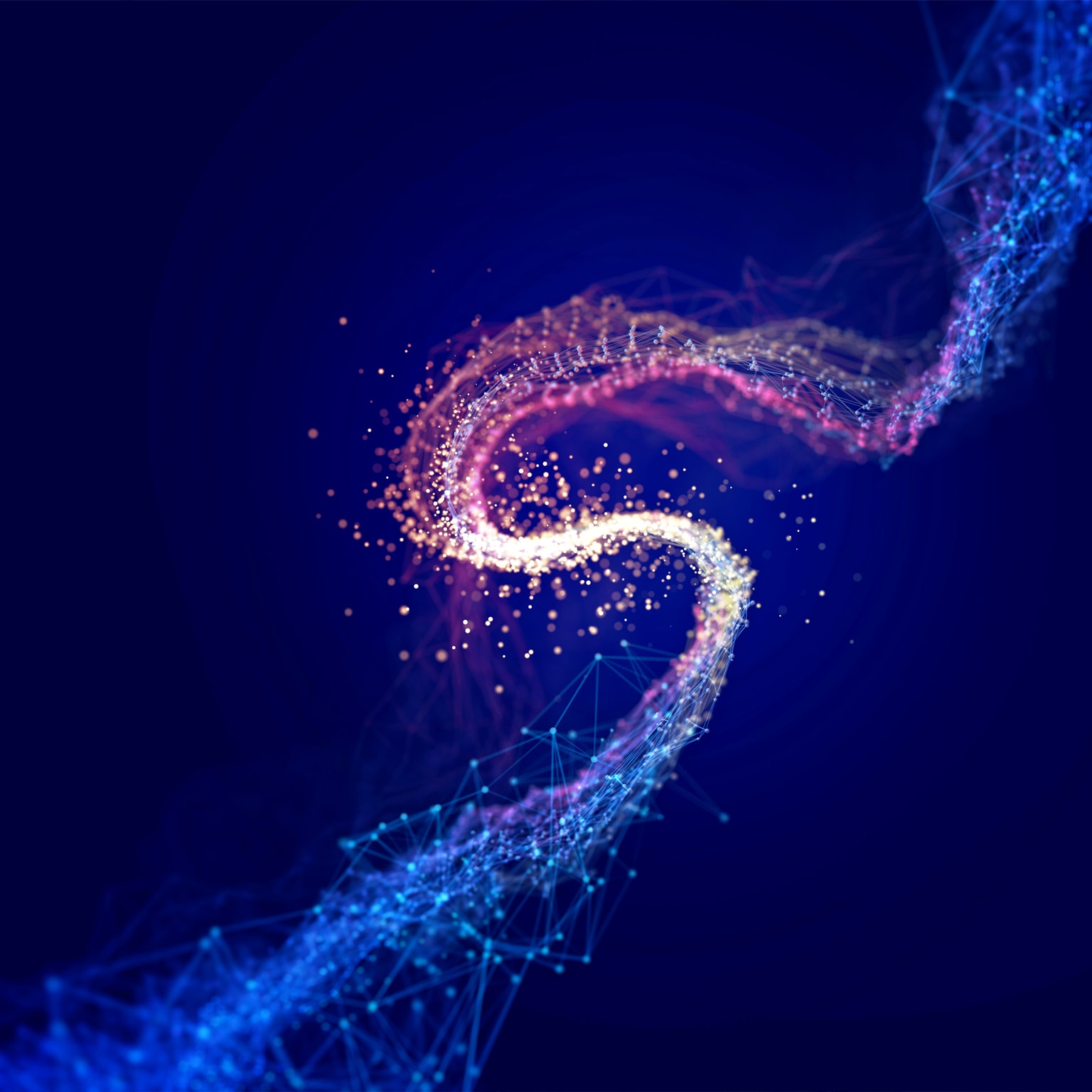 Pink and light blue network and data dots connected on a dark blue background.