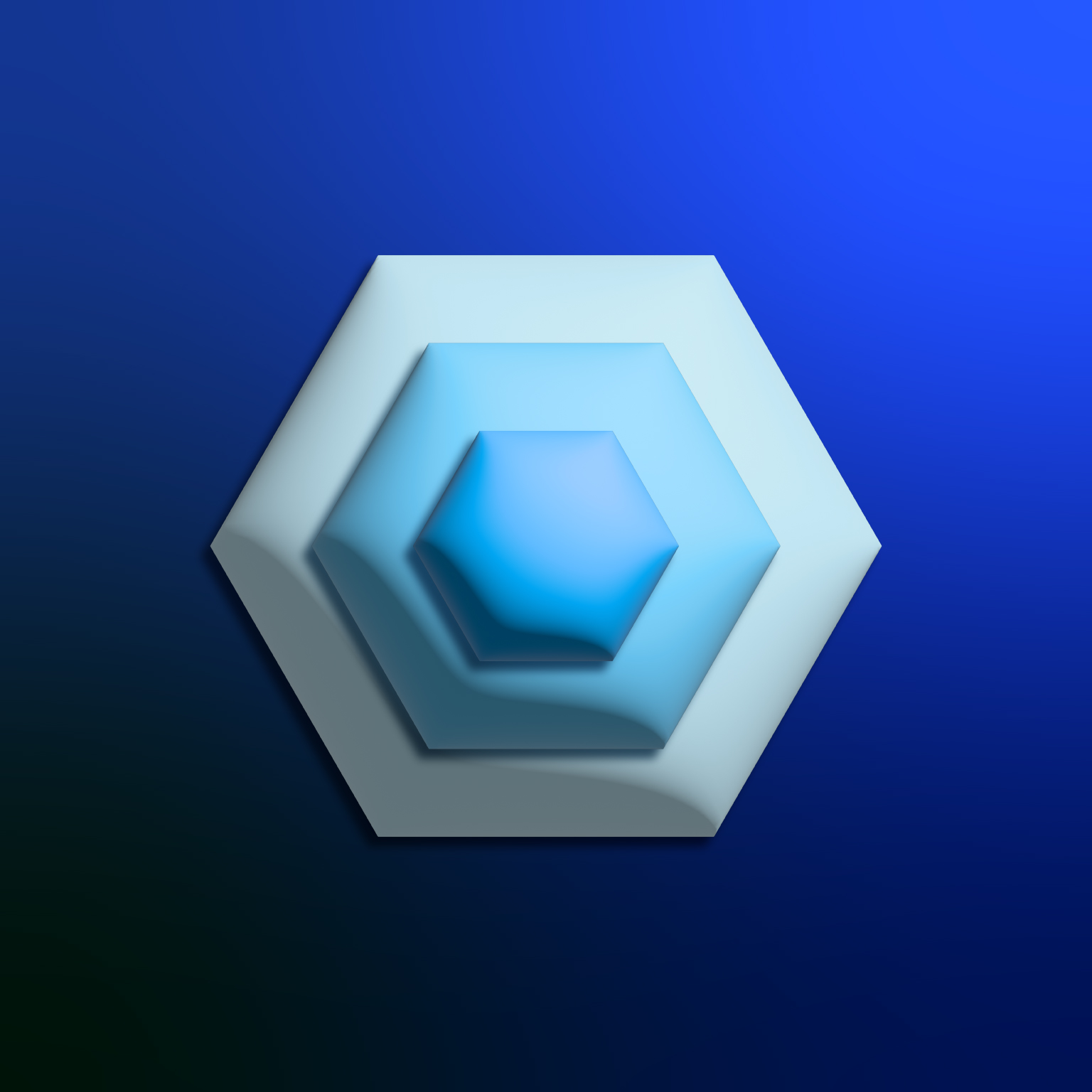 Three nested hexagons, ordered from small to large and dark to light blue, on a navy gradient background.