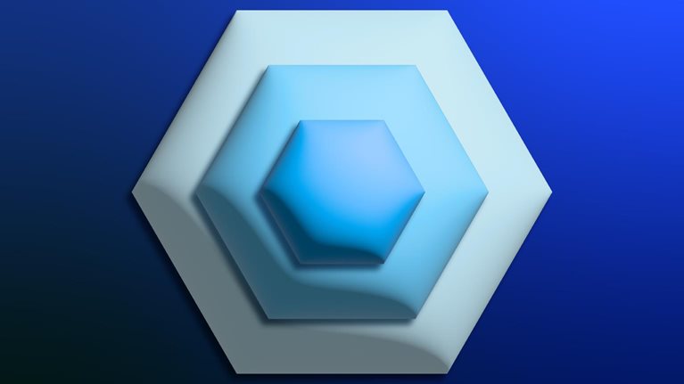 Three nested hexagons, ordered from small to large and dark to light blue, on a navy gradient background.