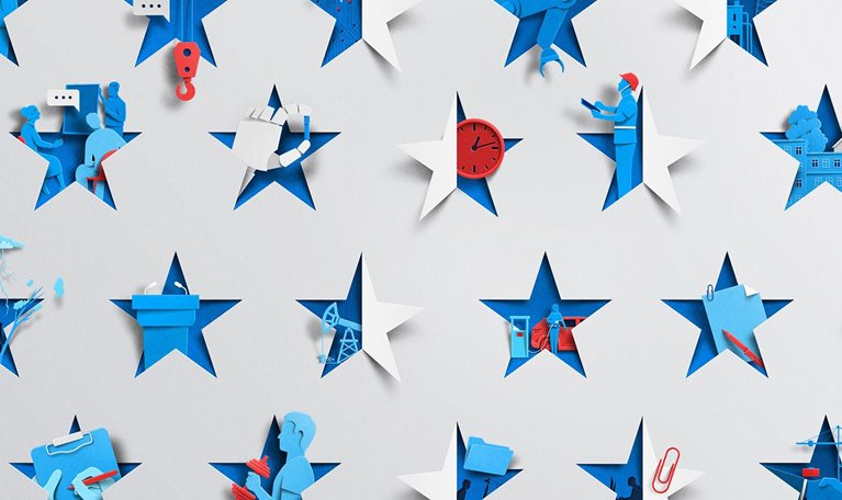 A white sheet of paper has been cut in various places creating a constellation of stars. Inside each star is an image depicting a multitude of diverse industries in vibrant blue and red hues.