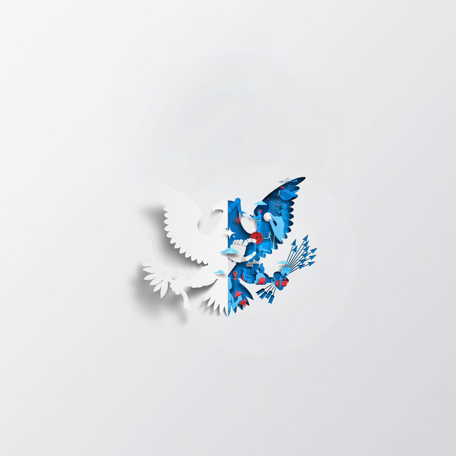 A white sheet of paper has been cut and folded in half, creating the silhouette of an eagle. The eagle is shown grasping arrows in one talon and an olive branch in the other. The open space left by the folded paper is filled with dynamic blue and red representations of workers, industry, and innovation.