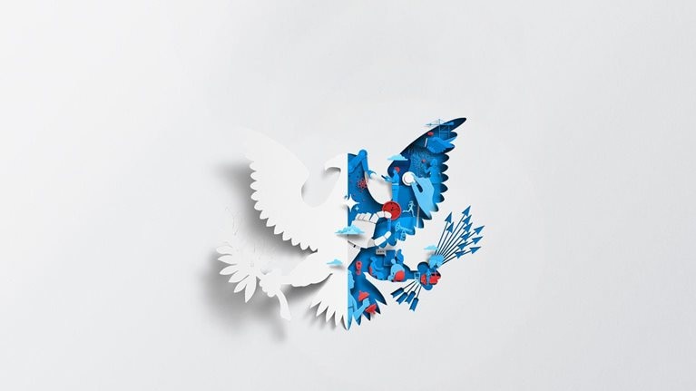 A white sheet of paper has been cut and folded in half, creating the silhouette of an eagle. The eagle is shown grasping arrows in one talon and an olive branch in the other. The open space left by the folded paper is filled with dynamic blue and red representations of workers, industry, and innovation.