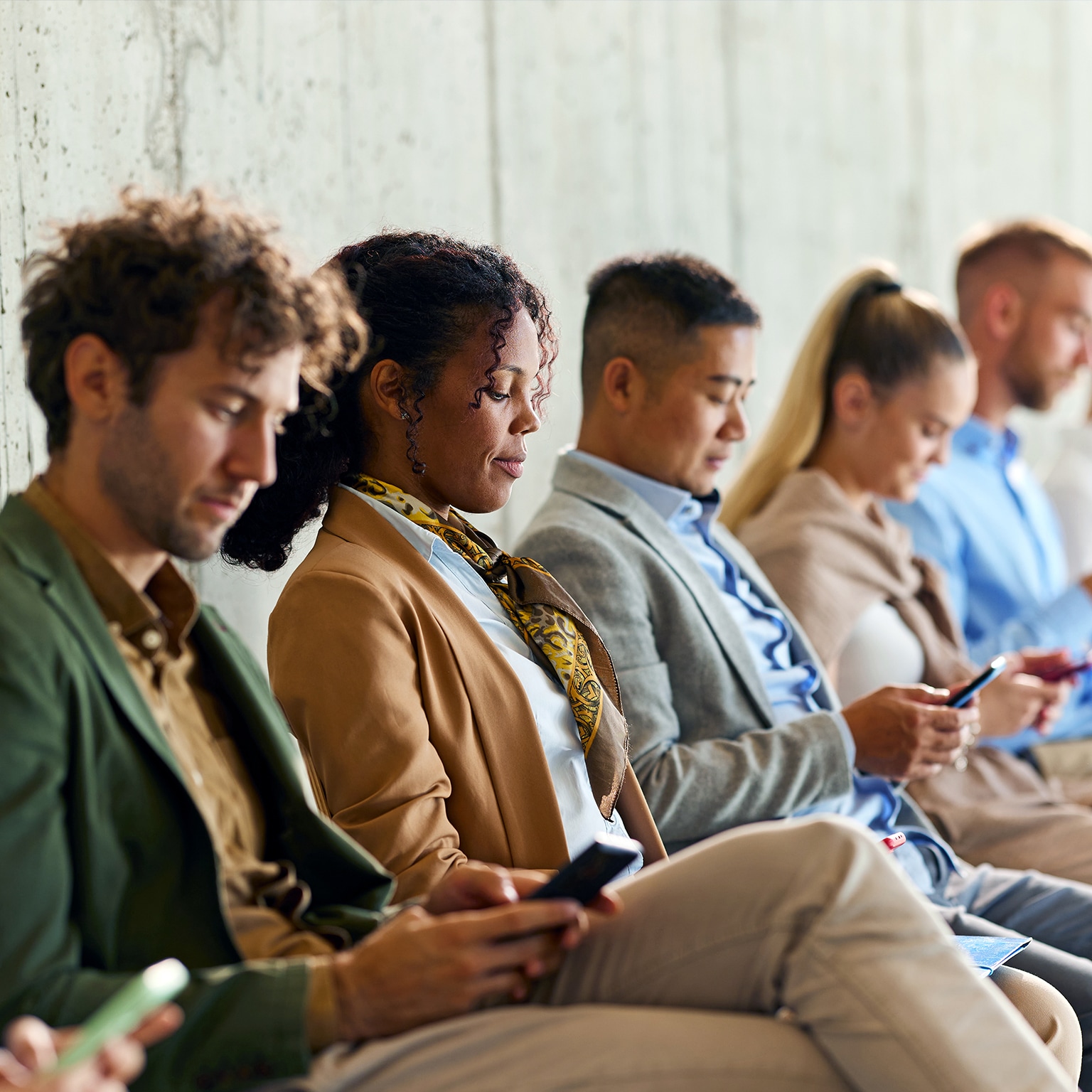 Large group of business people waiting for a job interview in a hallway.