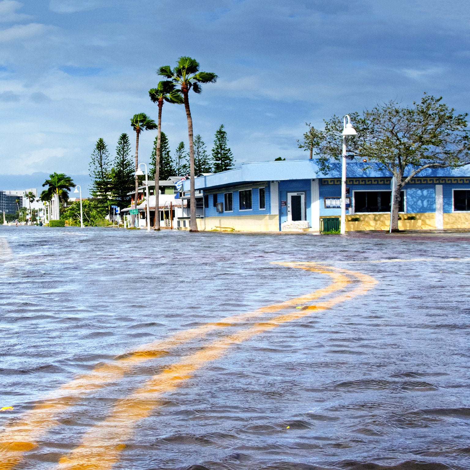 A street in downtown Gulfport, Florida, is flooded by rising waters that are being driven inland by Hurricane Helene from Tampa Bay and the Gulf of Mexico.