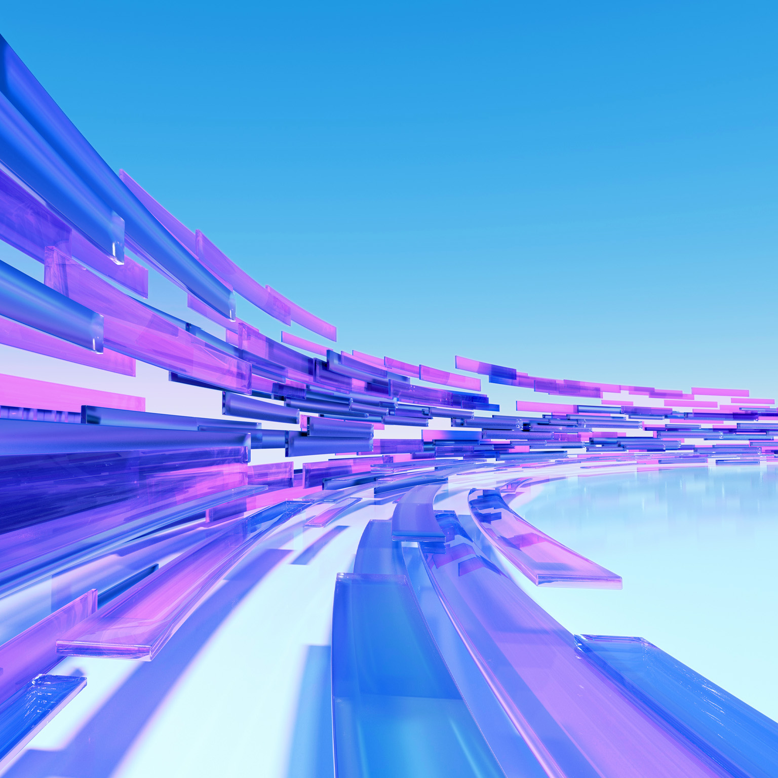 Abstract 3D rendering of translucent blue, purple, and pink rectangular bars arranged in sweeping curved layers, receding into the distance against a bright cyan gradient background.