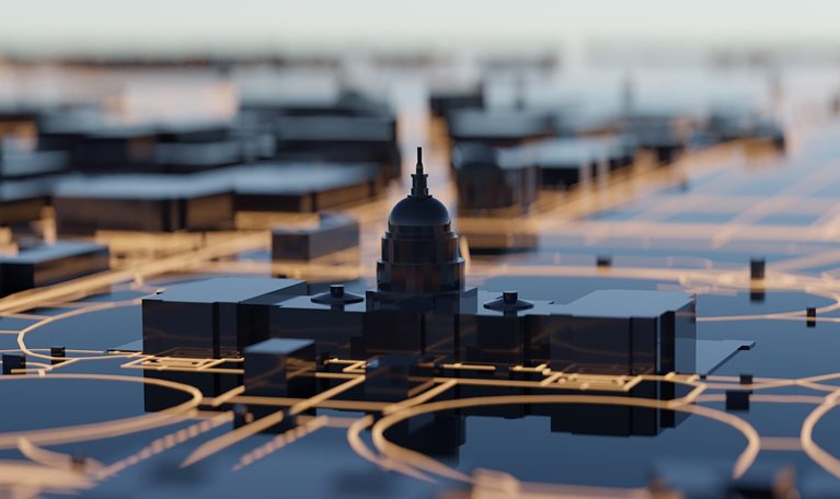 Washington DC hi-tech smart city background. 3D rendering. - stock photo