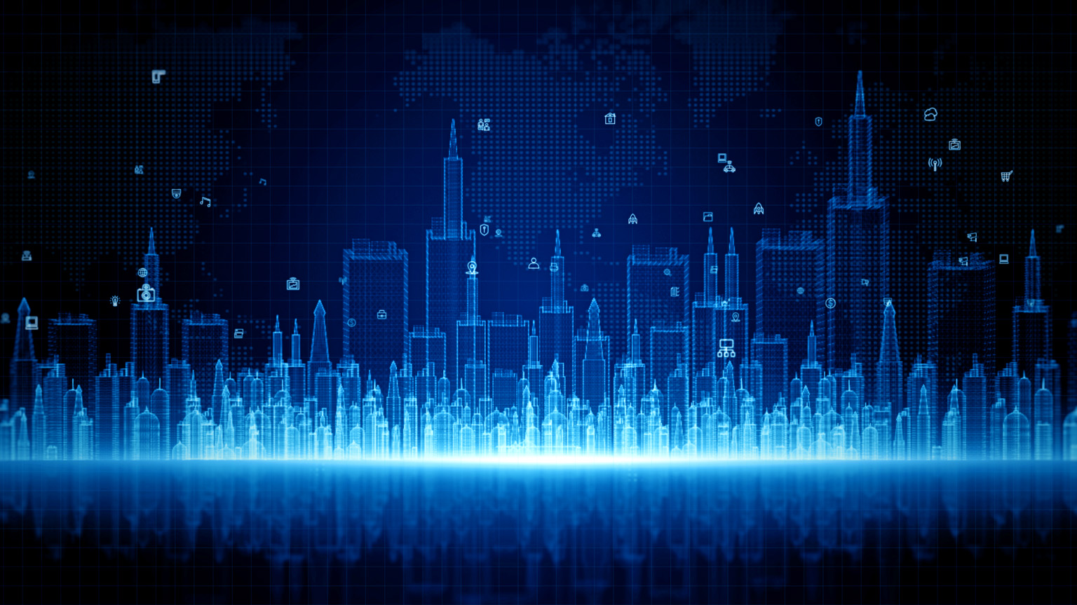 A glowing blue city skyline rendered in a digital, wireframe-like style against a dark grid background. Small interface icons float across the scene. 
