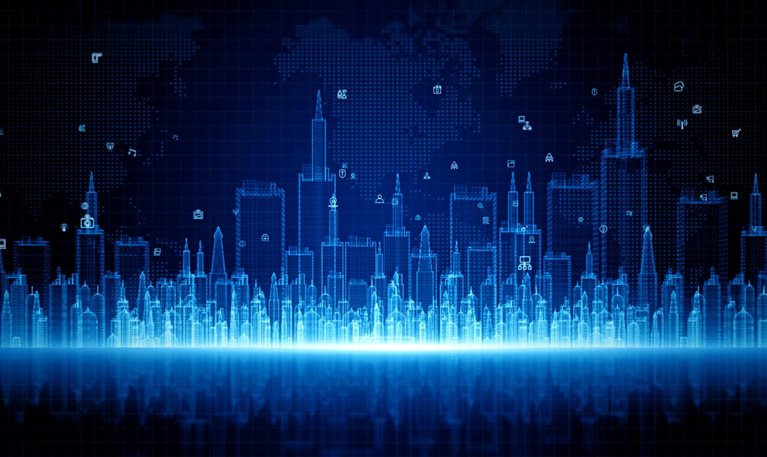 A glowing blue city skyline rendered in a digital, wireframe-like style against a dark grid background. Small interface icons float across the scene.