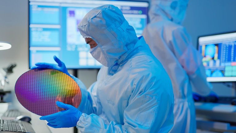 Scientist examining a semiconductor chip 