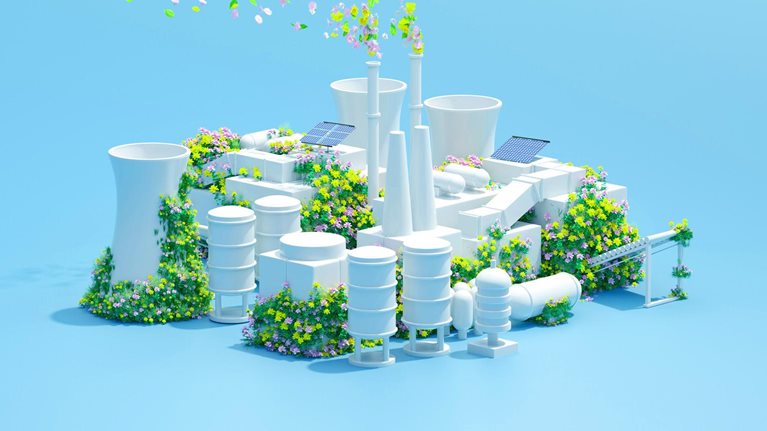 Digital generated image of sustainable power station with solar panels on roof and covered by flowers.