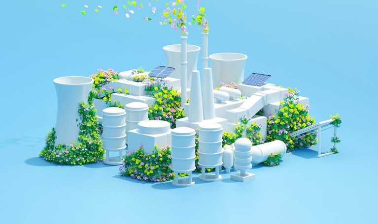 Digital generated image of sustainable power station with solar panels on roof and covered by flowers.