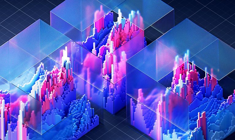 Colorful 3d bar graphs representing financial data are displayed inside interconnected glass cubes, showcasing a modern and abstract visualization of market trends and investment analysis.