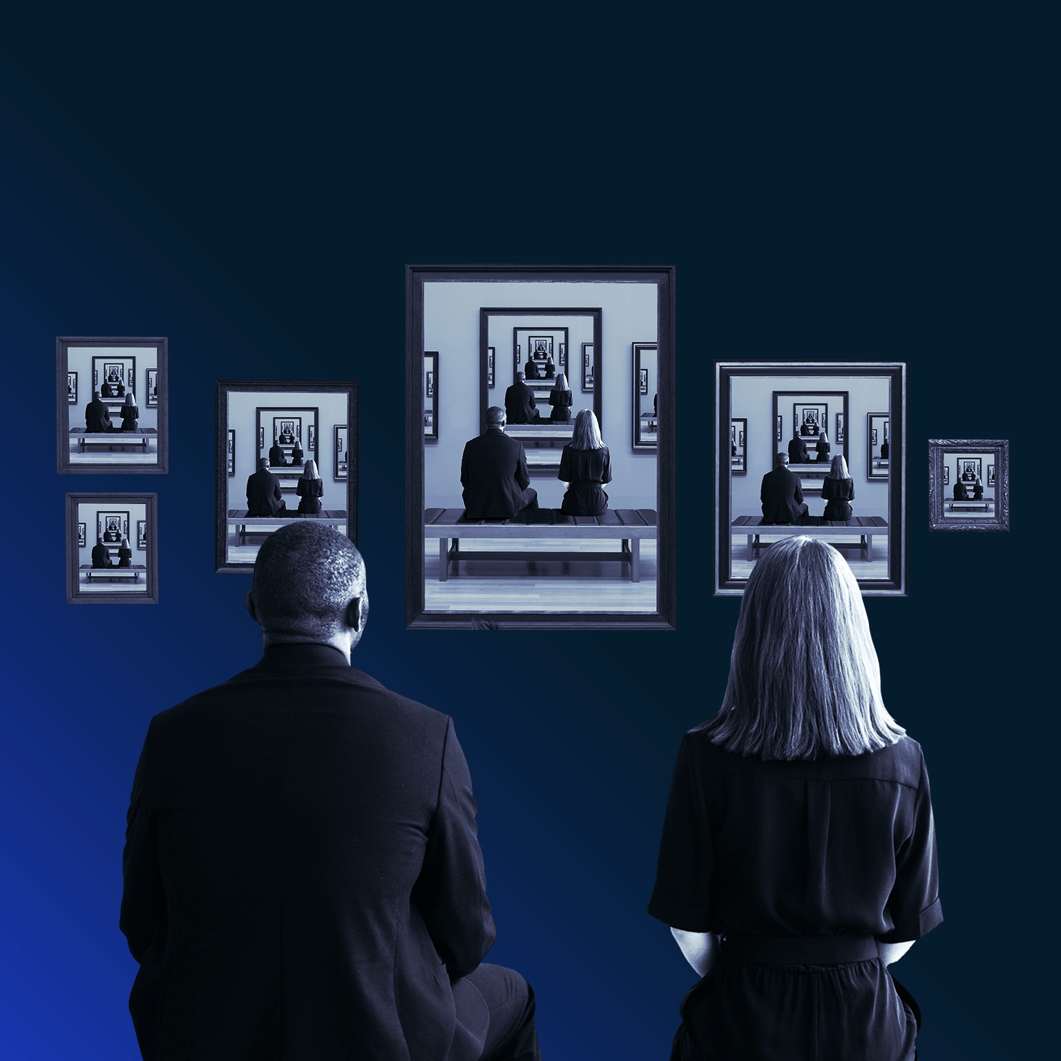 Photo of a seated man and woman viewing various portraits of their reflections