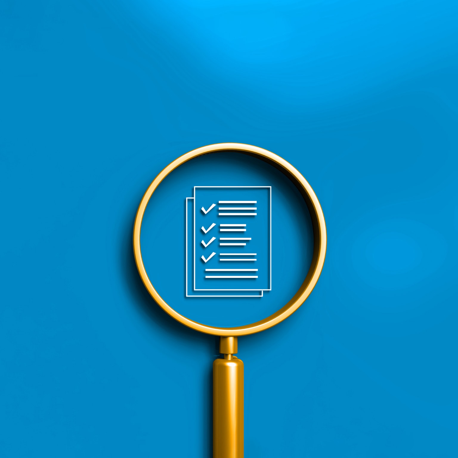 A gold magnifying glass with a checklist inside its lens, all against a solid blue background. 
