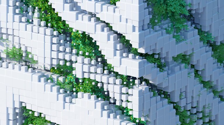 Digital generated image of grass and flowers growing over a futuristic organic cube.