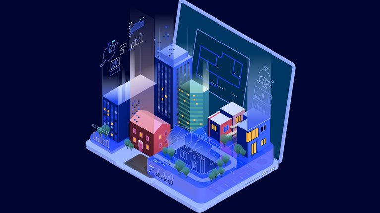 On the open laptop, where keys once resided, a virtual city is growing. Office buildings and residential structures harmoniously coexist, interconnected by a translucent web of digital elements—charts and data intricately woven into a dynamic ecosystem of new technologies.
