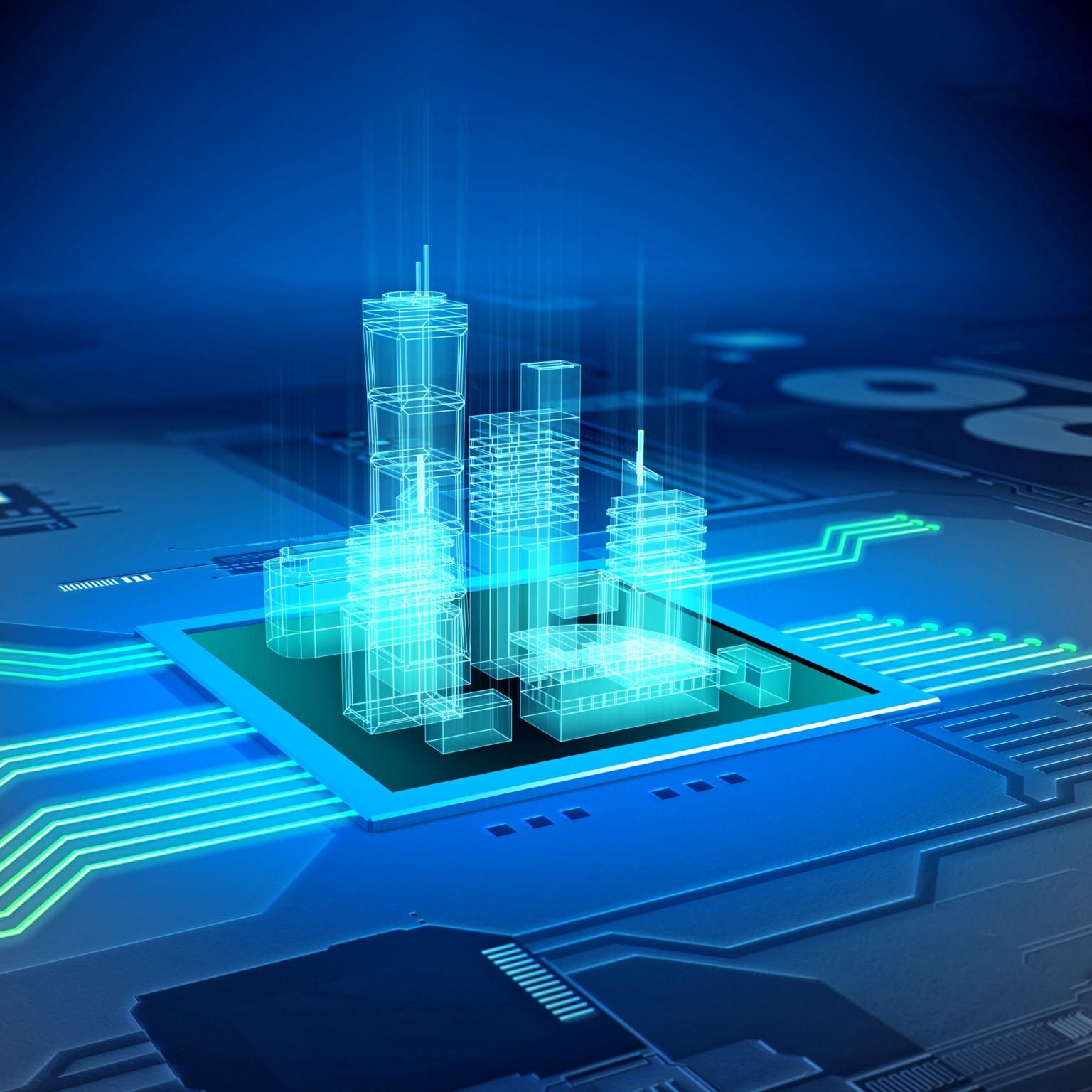 A futuristic holographic cityscape made of glowing blue wireframes rises from the surface of a computer microchip. Neon circuit lines radiate outward across the board, suggesting advanced technology and smart systems integration.