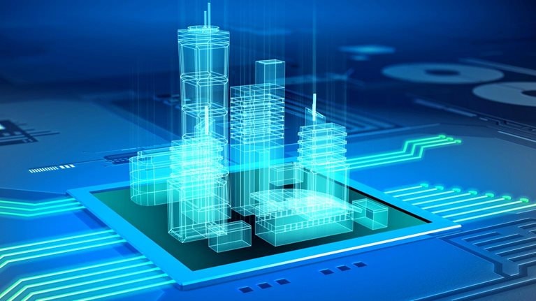 A futuristic holographic cityscape made of glowing blue wireframes rises from the surface of a computer microchip. Neon circuit lines radiate outward across the board, suggesting advanced technology and smart systems integration.