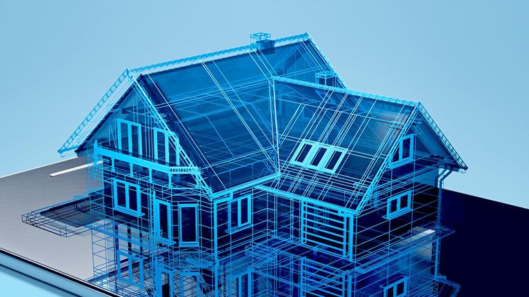 Blue digital wireframe of a house rising from a tablet screen.